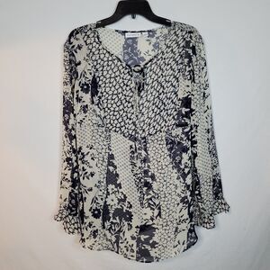 Susan Graver Chiffon Tunic Womens L Blue White Floral Layering Garden Party Top
